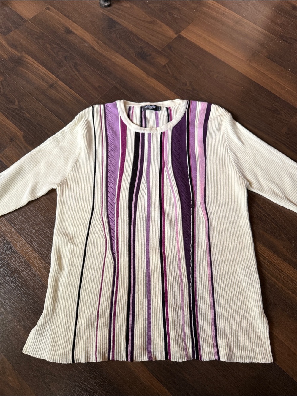 Offi Cream Ribbed Sweater with Purple and Black Stripes
